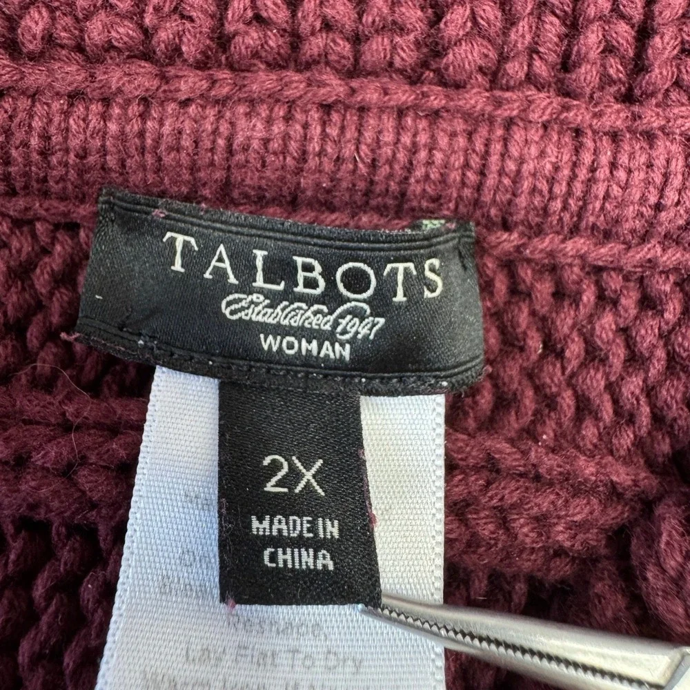 TALBOTS‎ Sweater Vest Short Sleeve Cardigan 2X Dk Red Cotton Cable Knit Burgundy